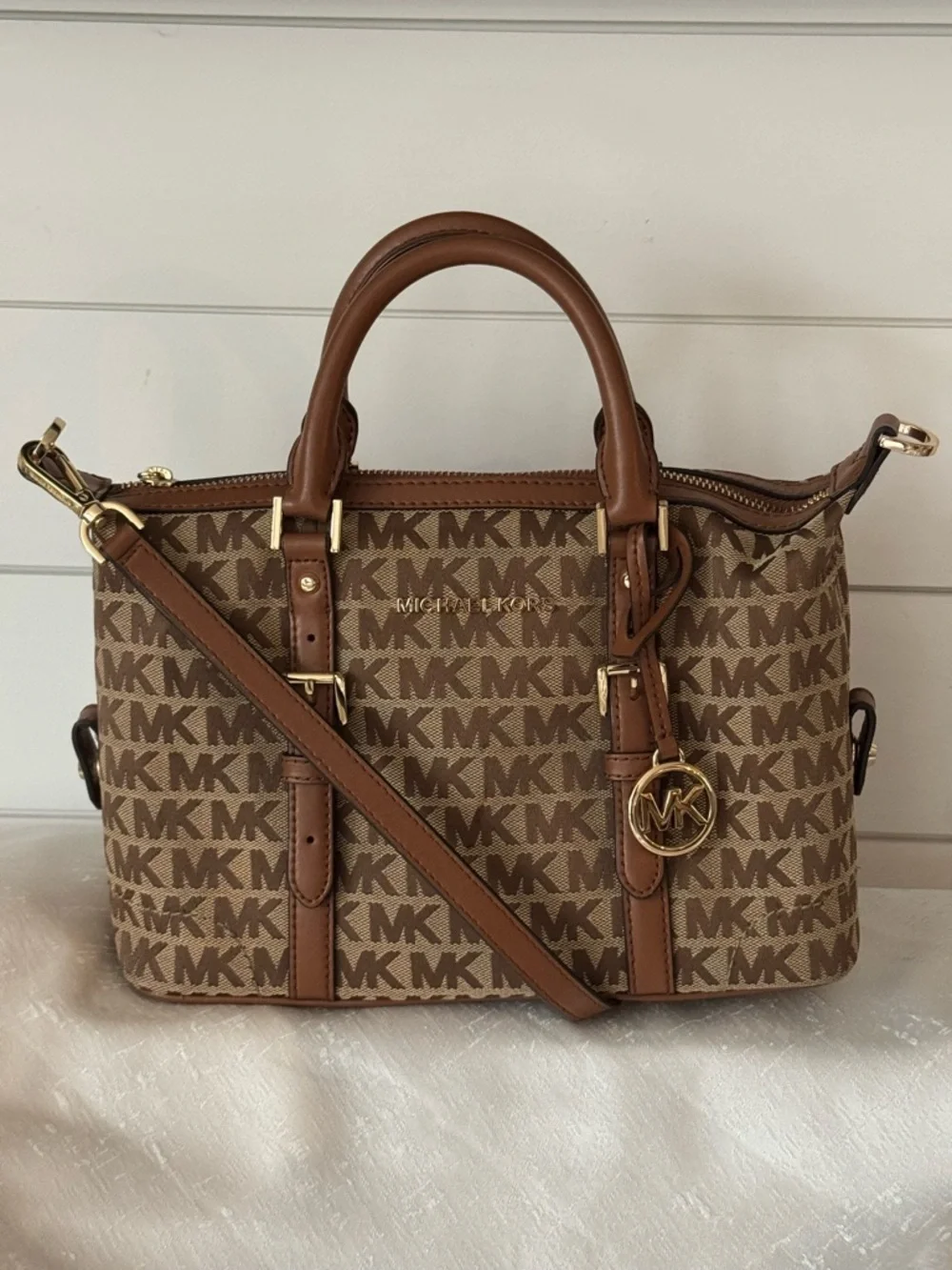 Michael Kors Ginger Small Duffle Style Brown Logo-Print Satchel